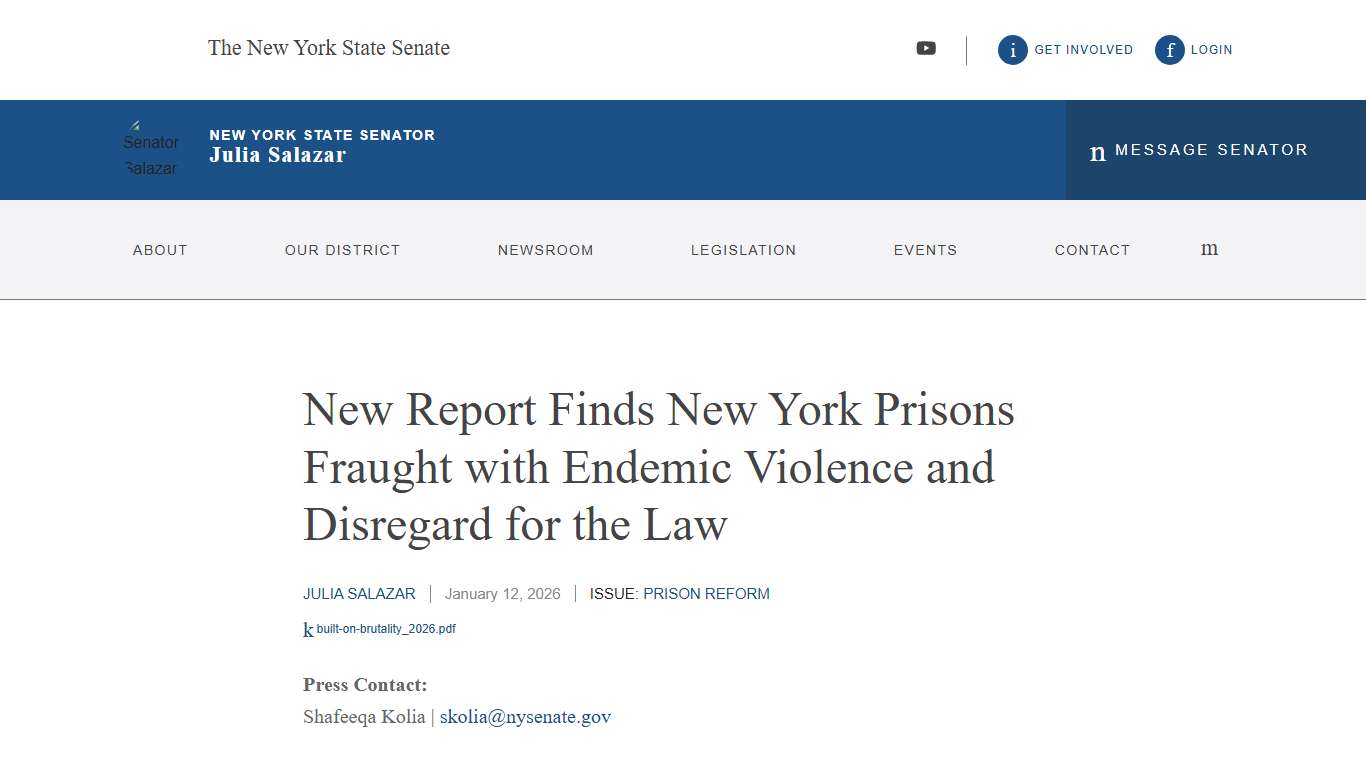 New Report Finds New York Prisons Fraught with Endemic Violence and Disregard for the Law NYSenate.gov